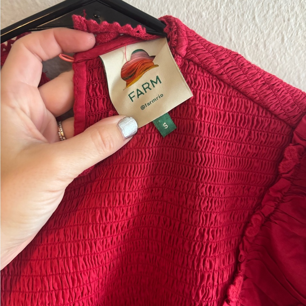 FARM Rio Crimson Ruffled Smocked-Neck‎ Blouse - Picture 4 of 6